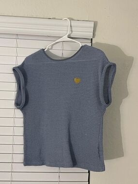 Blue Waffle Knit Short Sleeve Top with Heart Detail